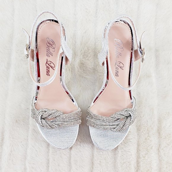 Gorgeous Silver Shimmery Platform Rhinestone High Heel Sandals Shoes - Picture 9 of 13
